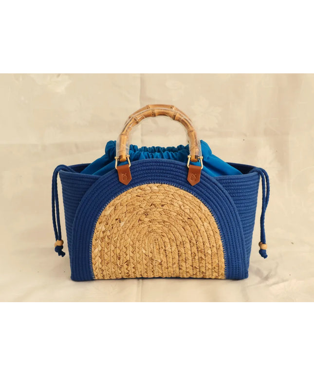 Mavi ve Hasır Detaylı Örgü Kol Çantası El Yapımı Özel Tasarım
