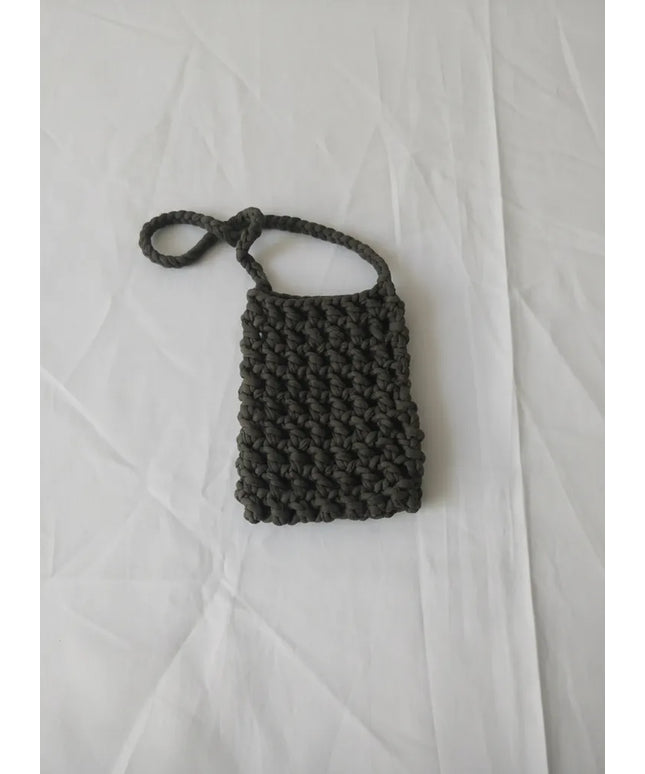 Koyu Yeşil Örgü Telefon Çantası El Yapımı Makrome İp