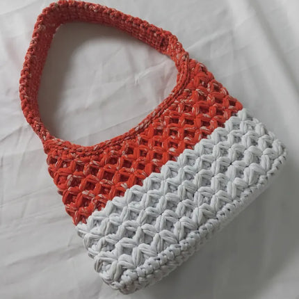 Turuncu ve Beyaz Renkli Örgü Omuz Çantası Şık Tasarım