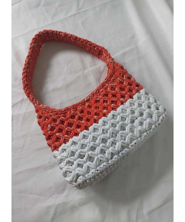 Turuncu ve Beyaz Renkli Örgü Omuz Çantası Şık Tasarım