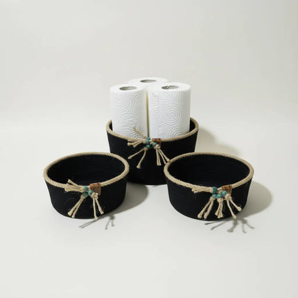 Siyah Halat İp Organizer Sepet Seti 3'lü El Emeği Dekoratif Sepet
