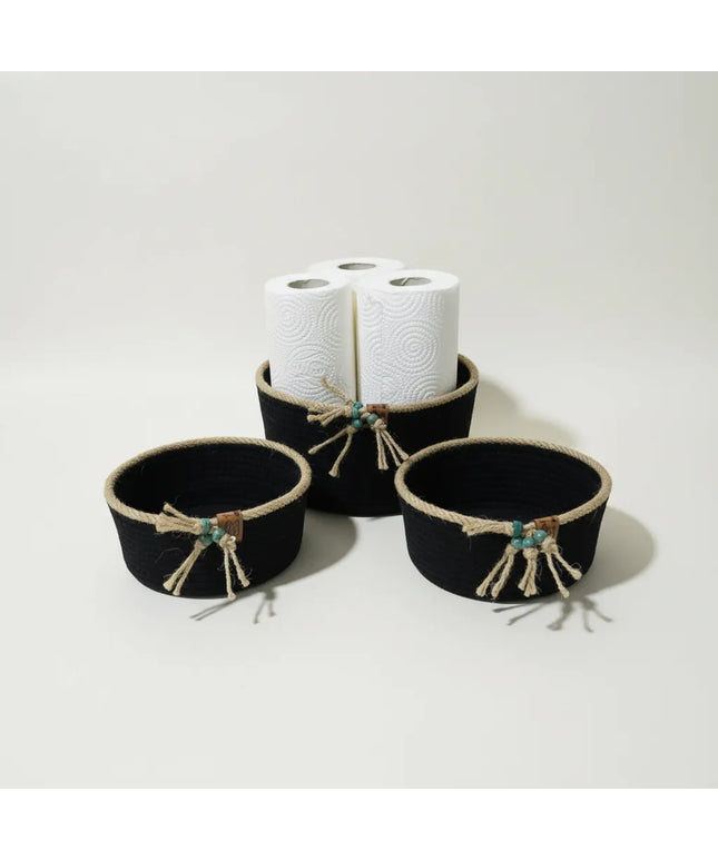 Siyah Halat İp Organizer Sepet Seti 3'lü El Emeği Dekoratif Sepet