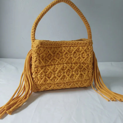 Sarı Renkli Makrome Örgü Omuz Çantası El Yapımı Tasarım