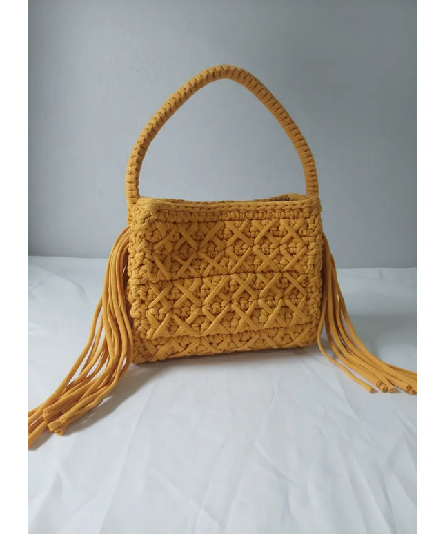 Sarı Renkli Makrome Örgü Omuz Çantası El Yapımı Tasarım