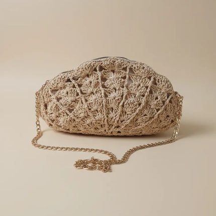 Bej Renk Örgü Desenli Zincir Askılı Hasır Midye Plaj Çantası
