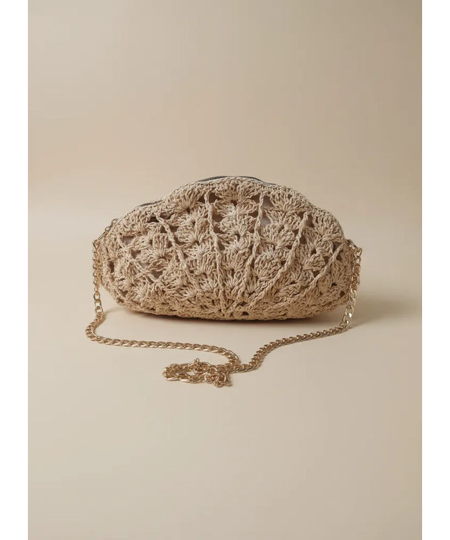 Bej Renk Örgü Desenli Zincir Askılı Hasır Midye Plaj Çantası