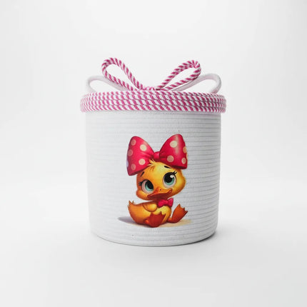 Beyaz Halat İpten Çocuk Odası Sepeti Civciv Desenli El Emeği