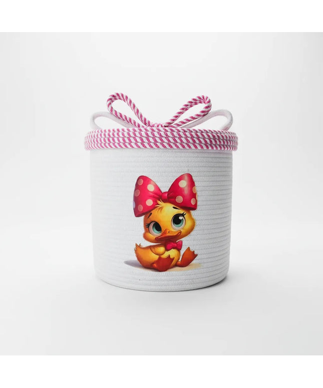 Beyaz Halat İpten Çocuk Odası Sepeti Civciv Desenli El Emeği