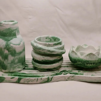 Yeşil Mermer Desenli Çok Amaçlı Dekoratif Sunumluk Seti