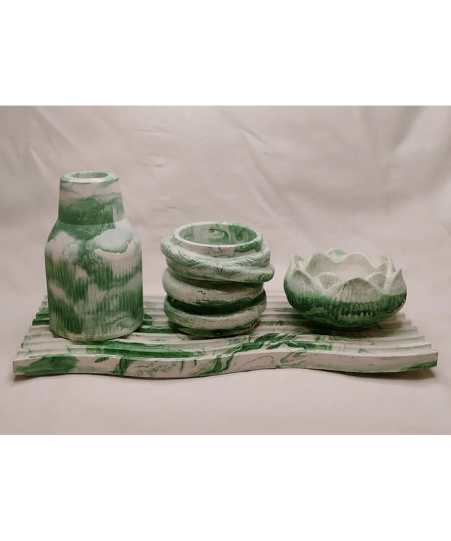 Yeşil Mermer Desenli Çok Amaçlı Dekoratif Sunumluk Seti