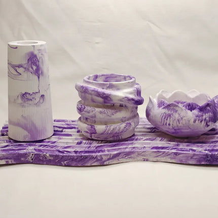 Mermer Desenli Dekoratif Obje Seti Mor Beyaz El Yapımı