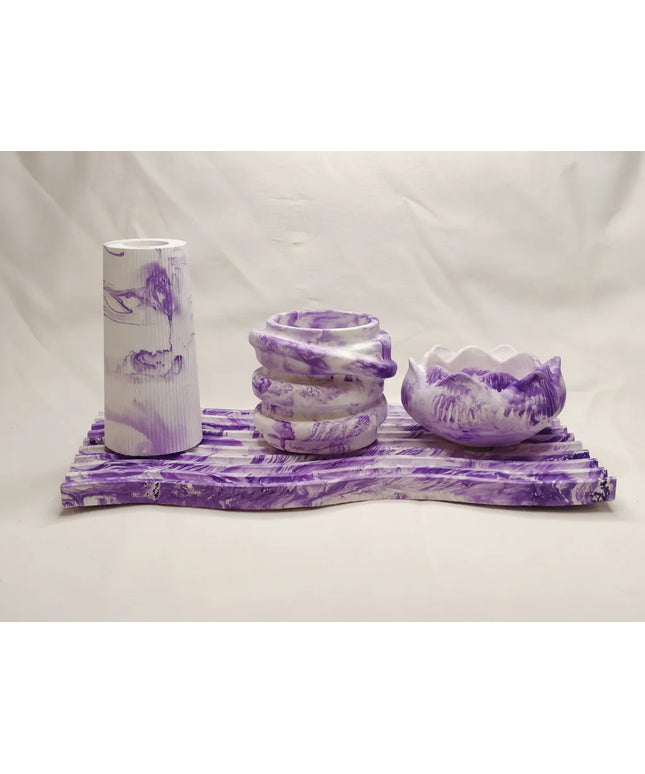 Mermer Desenli Dekoratif Obje Seti Mor Beyaz El Yapımı