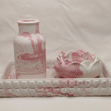 Pembe Mermer Desenli Dekoratif Set El Yapımı Vazo ve Kase