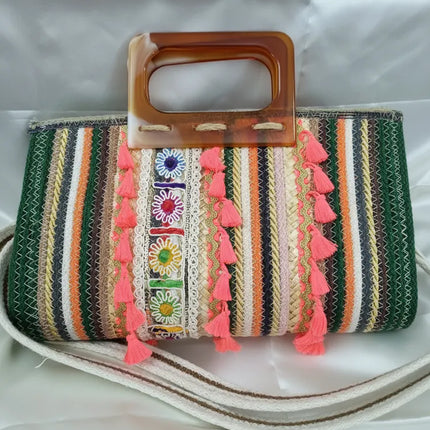 Çok Renkli Etnik Desenli Kordon İp El Çantası El Yapımı
