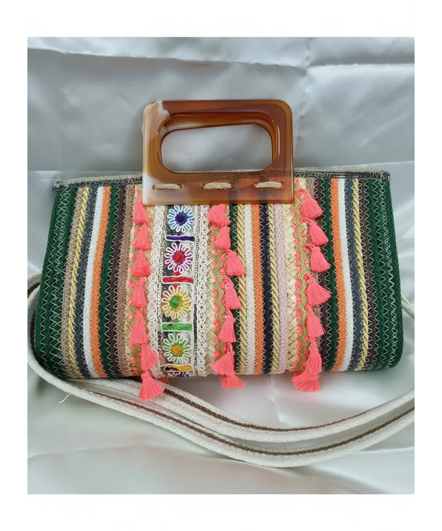 Çok Renkli Etnik Desenli Kordon İp El Çantası El Yapımı