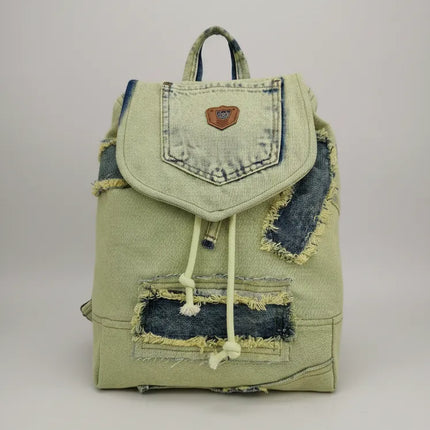 Açık Yeşil Yıkanmış Kot Sırt Çantası Patchwork Detaylı ve İpli Kapama