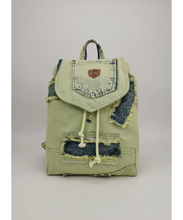 Açık Yeşil Yıkanmış Kot Sırt Çantası Patchwork Detaylı ve İpli Kapama