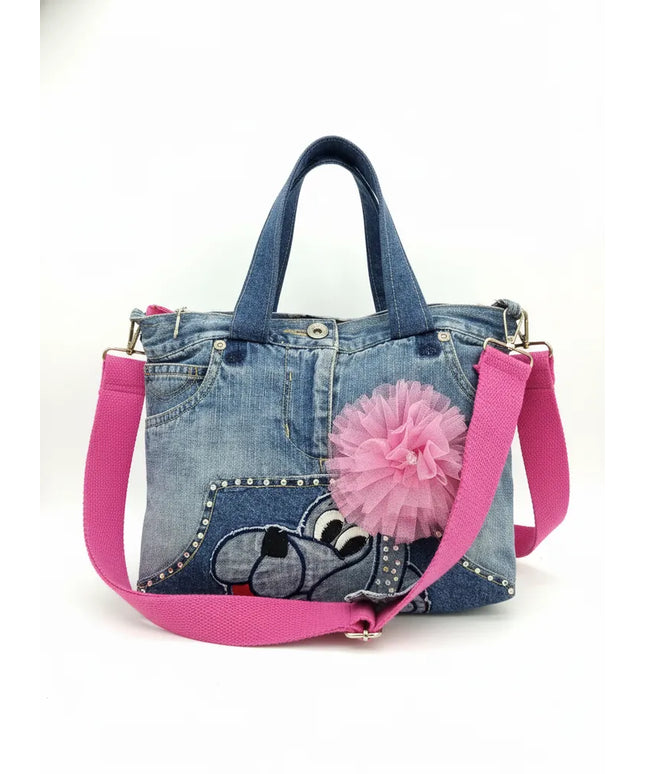 Pembe Askılı Kot Çanta Çiçek Detaylı ve Taş İşlemeli Tasarım