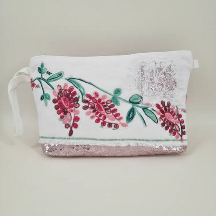 Beyaz Kanvas Kumaş Nakışlı Portföy Çanta Özel Tasarım El İşlemesi