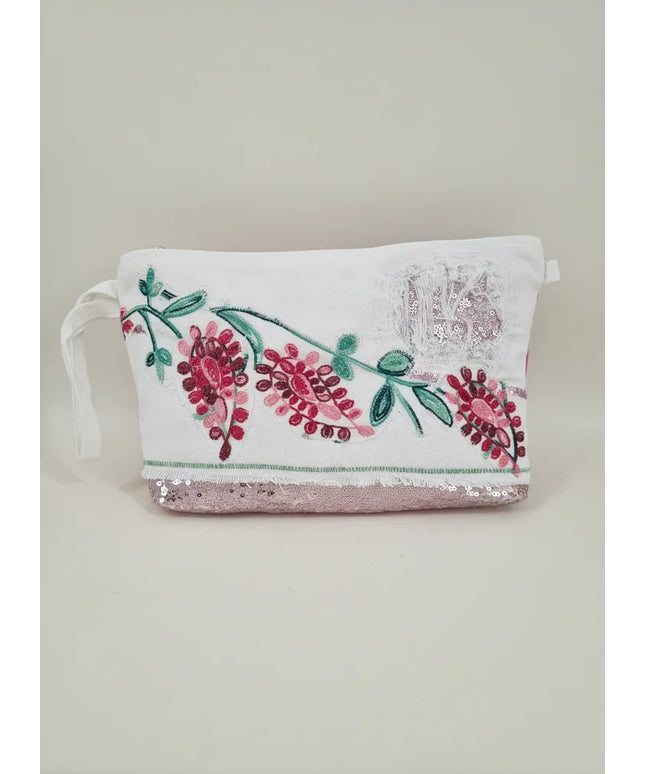 Beyaz Kanvas Kumaş Nakışlı Portföy Çanta Özel Tasarım El İşlemesi