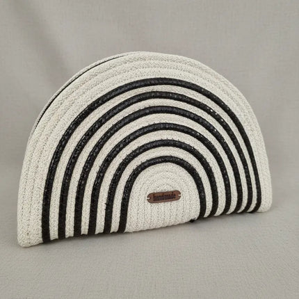 Krem Renkli Siyah Şeritli Hasır Görünümlü Kadın El Çantası El Yapımı