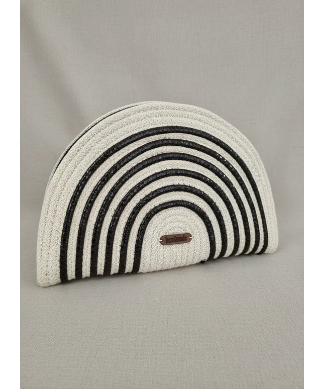 Krem Renkli Siyah Şeritli Hasır Görünümlü Kadın El Çantası El Yapımı