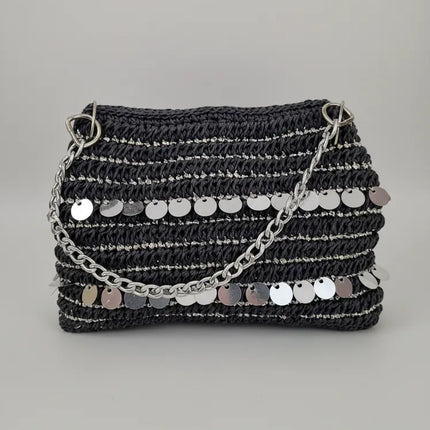 Siyah Kağıt İp Örgü Pullu Zincirli Omuz Çantası El Emeği