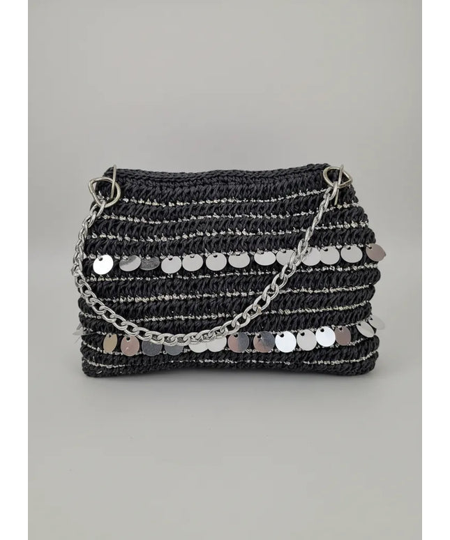 Siyah Kağıt İp Örgü Pullu Zincirli Omuz Çantası El Emeği