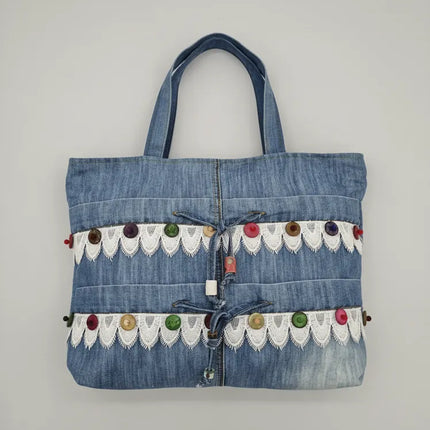 Mavi Kot Kol Çantası Dantel Detaylı ve Renkli Düğmeli Tasarım