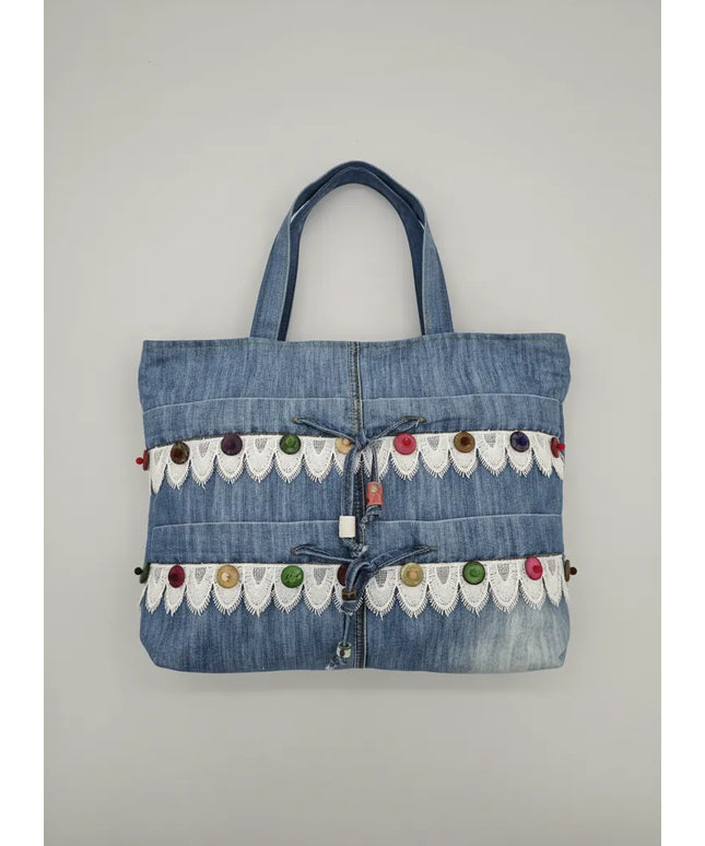 Mavi Kot Kol Çantası Dantel Detaylı ve Renkli Düğmeli Tasarım