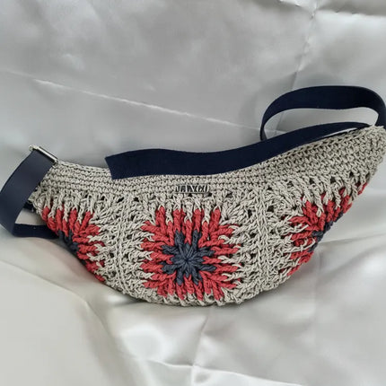 Gri ve Kırmızı Desenli Kağıt İp Örgü Omuz Çantası El Emeği