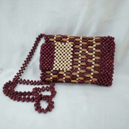 Renkli Ahşap Boncuklu Omuz Çantası El Yapımı Boncuk İşleme