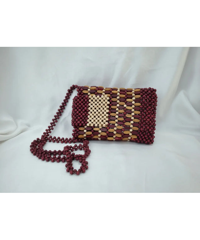 Renkli Ahşap Boncuklu Omuz Çantası El Yapımı Boncuk İşleme