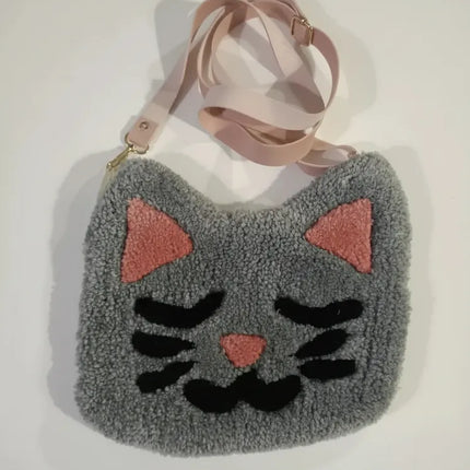Gri Kedi Şekilli Peluş Omuz Çantası El Yapımı ve Şık Tasarım
