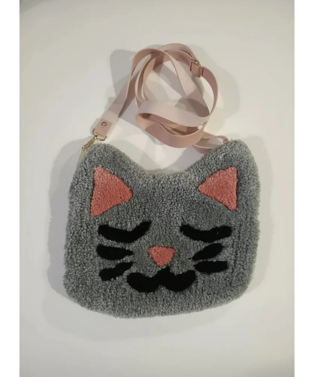 Gri Kedi Şekilli Peluş Omuz Çantası El Yapımı ve Şık Tasarım