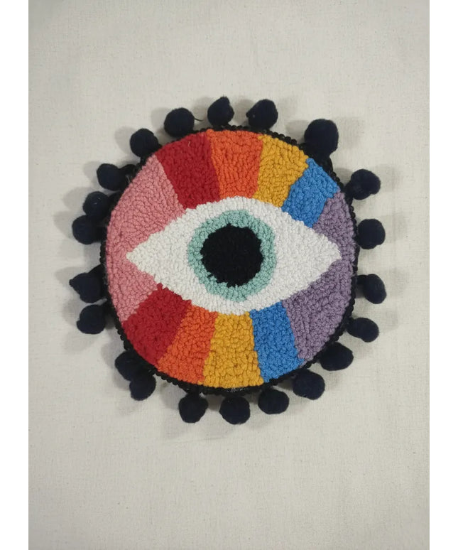 Renkli Göz Desenli Bardak Altlığı Ponpon Detaylı El Yapımı