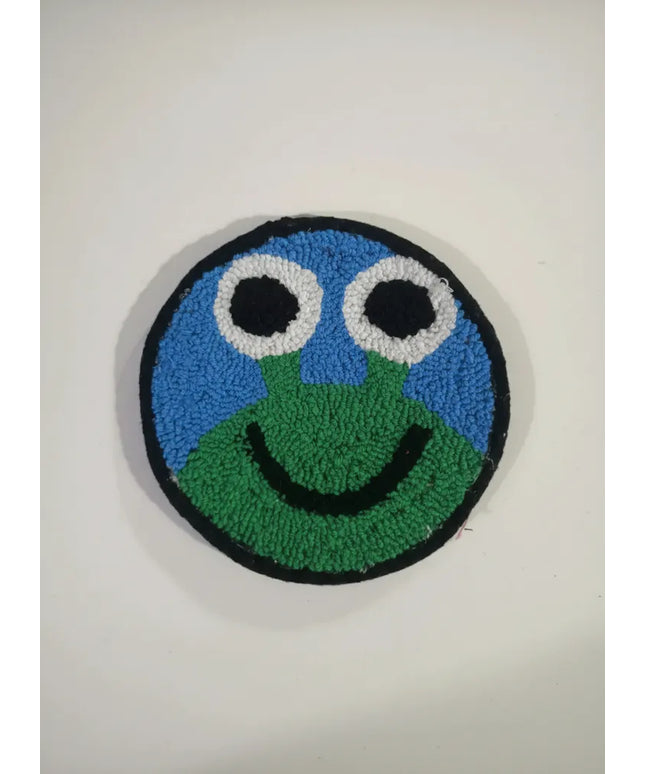 Yeşil Kurbağa Desenli Yuvarlak Bardak Altlığı Punch Nakışı El Yapımı