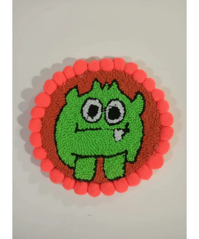 Yeşil Renkli Canavar Figürlü Bardak Altlığı Punch Nakışı El Yapımı