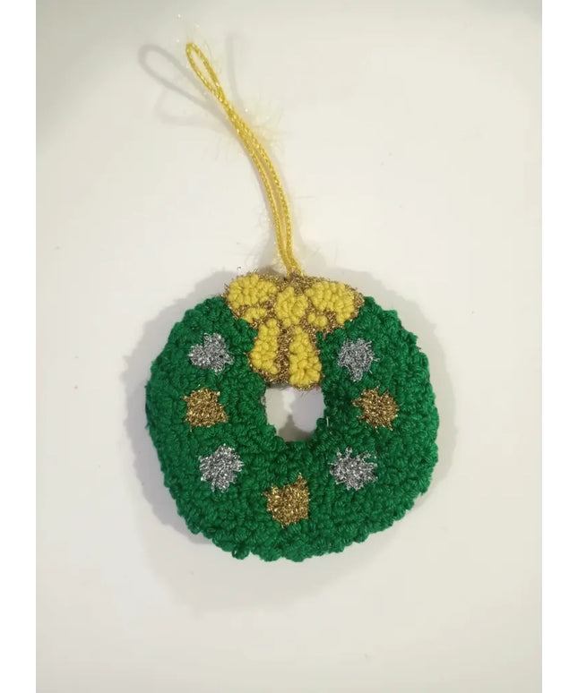 Yeşil Örgü Yılbaşı Çelenk Duvar Süsü El Yapımı Dekoratif Halka