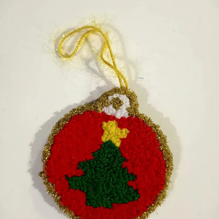 Kırmızı Noel Topu Duvar Süsü Yeşil Ağaç Desenli El Yapımı
