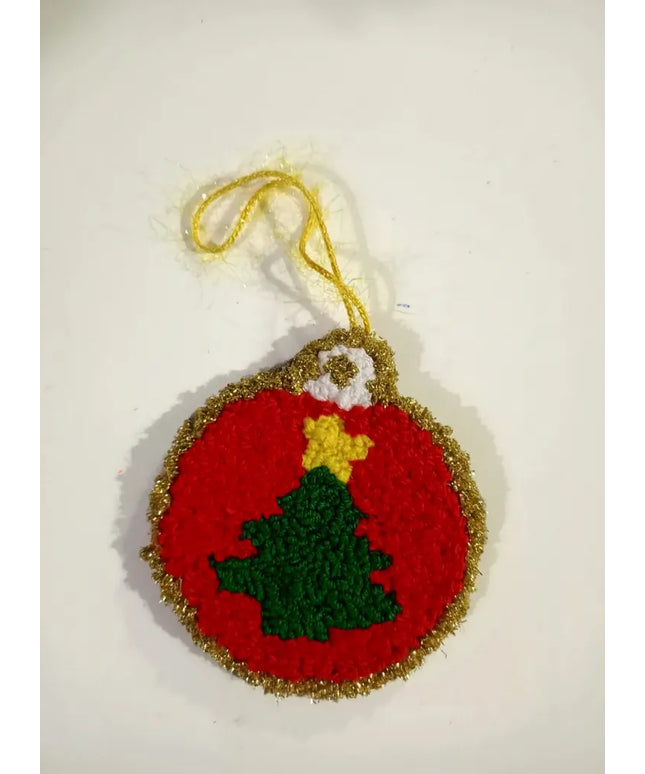 Kırmızı Noel Topu Duvar Süsü Yeşil Ağaç Desenli El Yapımı