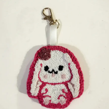 Pembe Tavşan Tasarımlı Punch Nakışı Anahtarlık El Yapımı Hediye