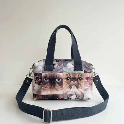 Desenli Kanvas Omuz Çantası Kedili Tasarım El Yapımı