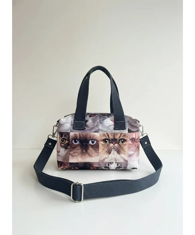 Desenli Kanvas Omuz Çantası Kedili Tasarım El Yapımı