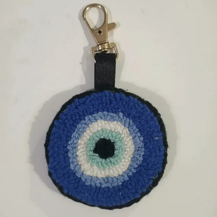 Mavi Tonlarında Nazar Boncuğu Tasarımlı Punch Nakışı Anahtarlık El Yapımı