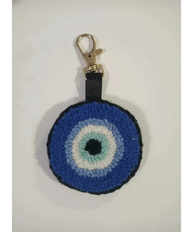 Mavi Tonlarında Nazar Boncuğu Tasarımlı Punch Nakışı Anahtarlık El Yapımı