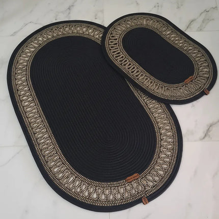 Siyah Tress İp Banyo Paspas Seti Gold Detaylı Oval Banyo Halısı