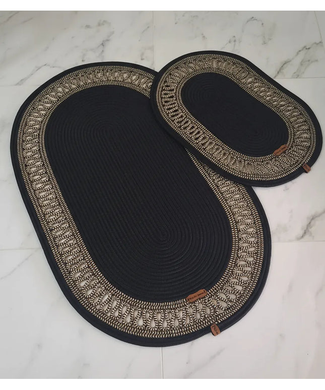 Siyah Tress İp Banyo Paspas Seti Gold Detaylı Oval Banyo Halısı