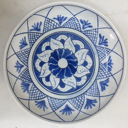 Çini Duvar Dekor Tabağı Mavi Beyaz Geometrik Desenli