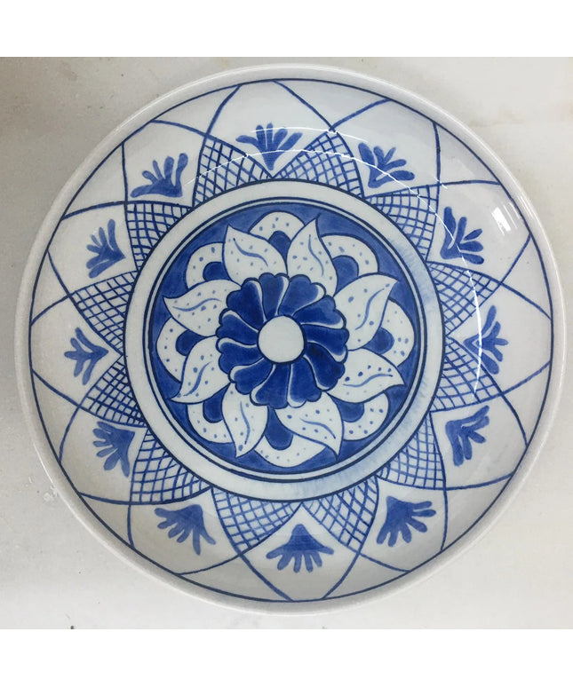 Çini Duvar Dekor Tabağı Mavi Beyaz Geometrik Desenli